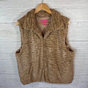 Betsey Johnson Vest Womens Size XL Caramel Bohemian Faux Fur with Pockets Hippie